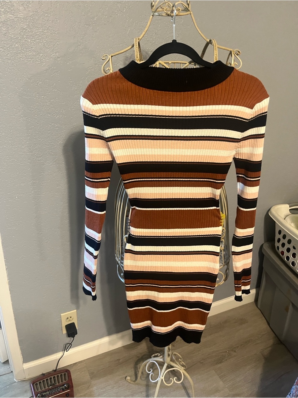 Say What? Striped Ribbed Long-Sleeve Dress in Brown, Pink & Black
